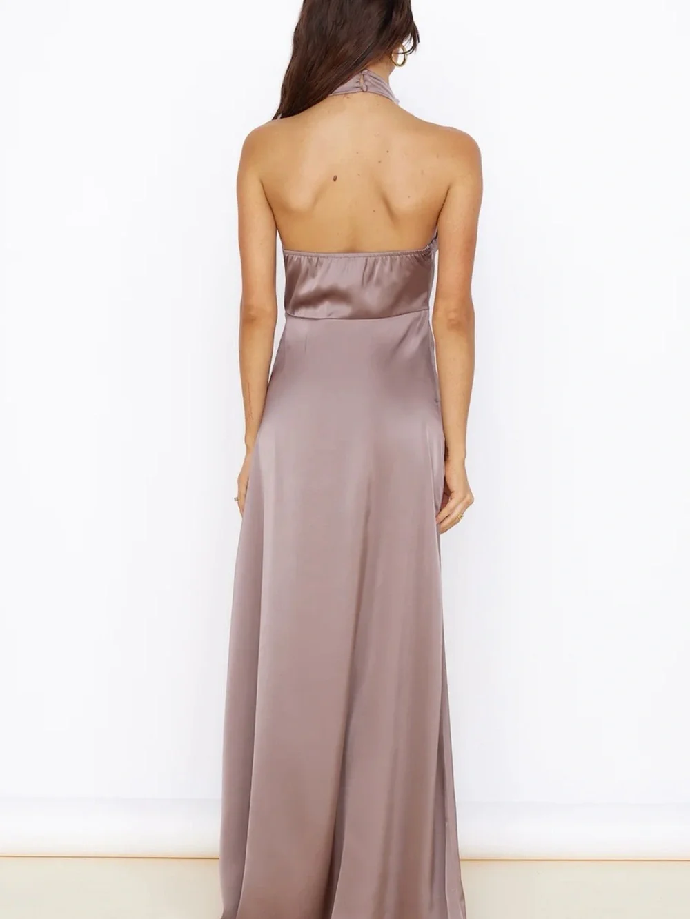 High-Neck Satin Maxi Dress in Mauve with Side Slit